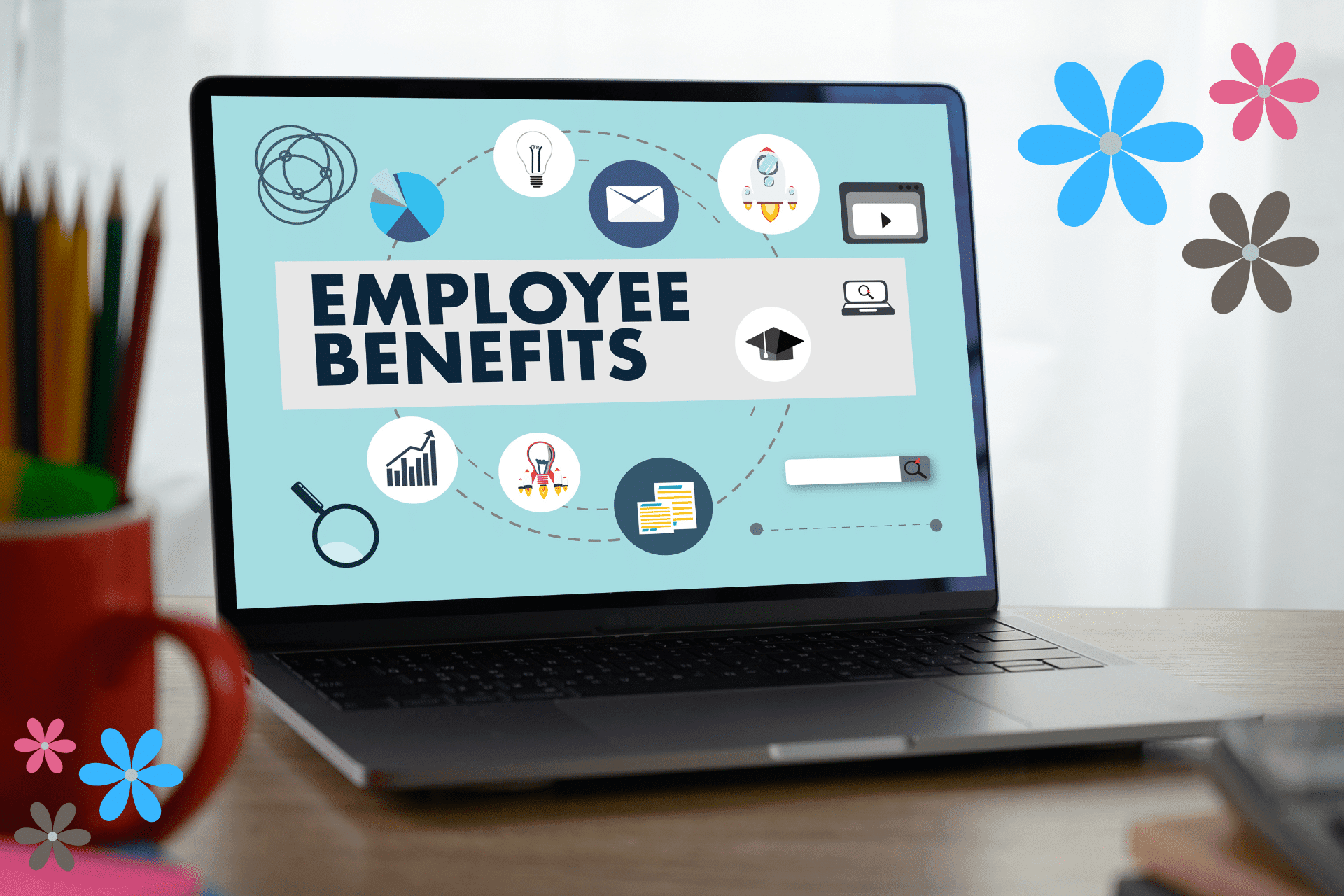 Computer screen with multiple icons with the words employee benefits