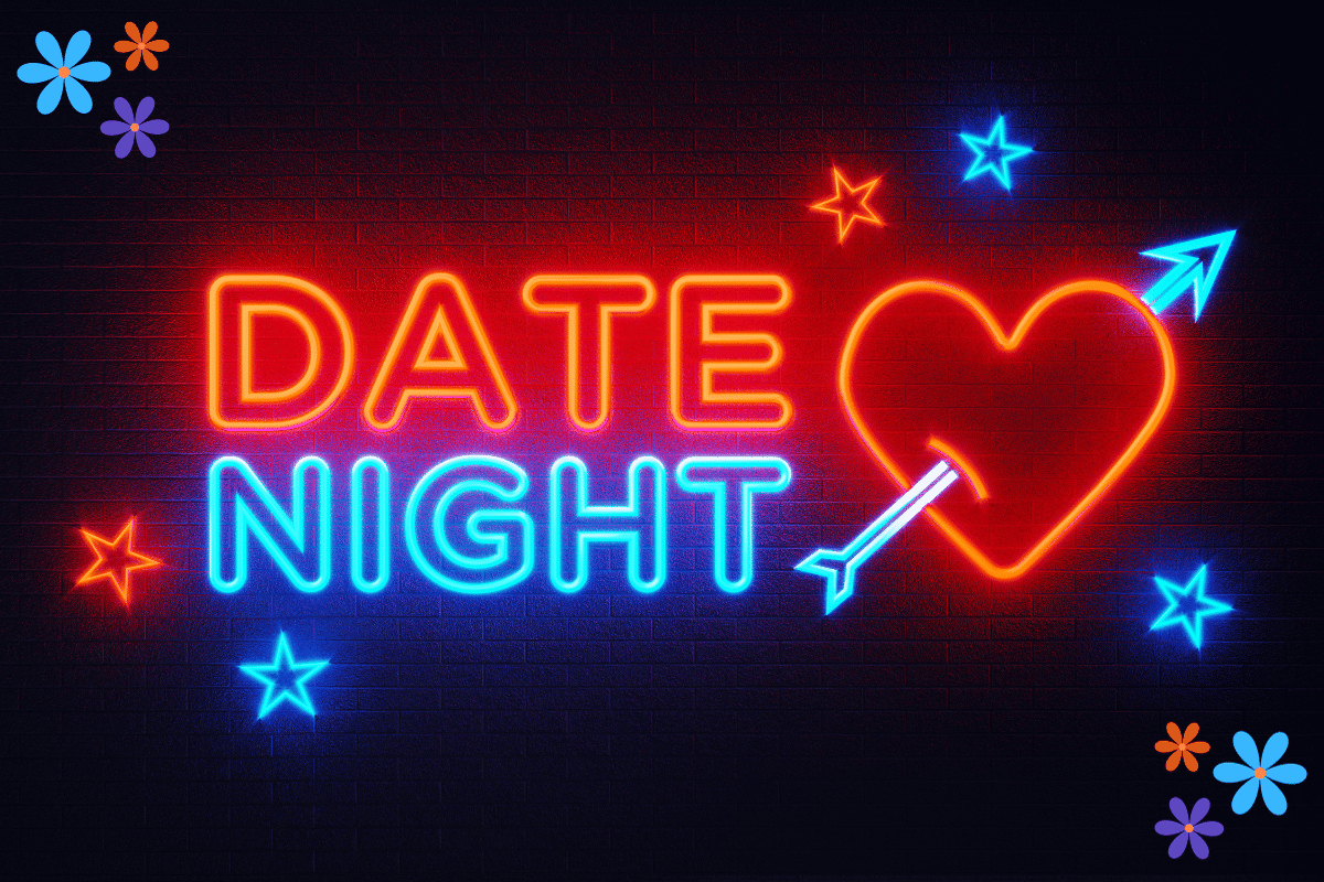 A neon sign that reads date night in red and blue beside a heart