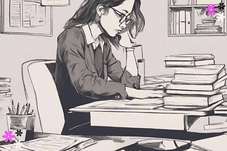 A woman looking sad while sitting at a desk with many books piled up