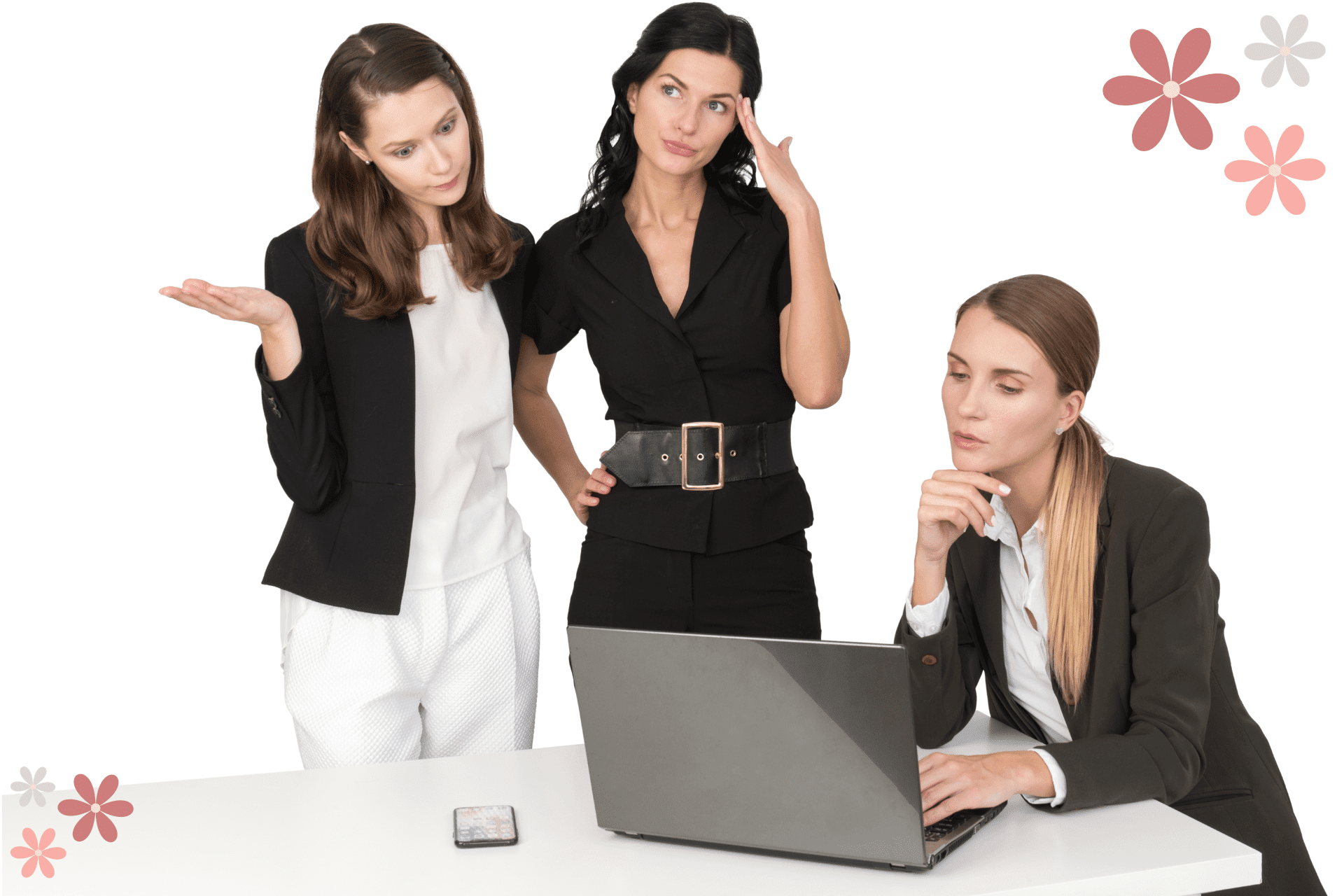 Two female co-workers looking at one female's laptop while seemingly frustrated
