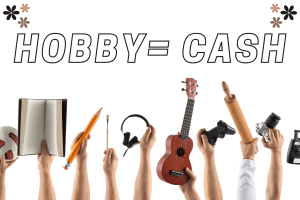 Multiple images of instruments, books, pencils, baking supplies with the words "Hobby = Cash" above