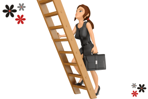 A business woman with a briefcase climbing a ladder
