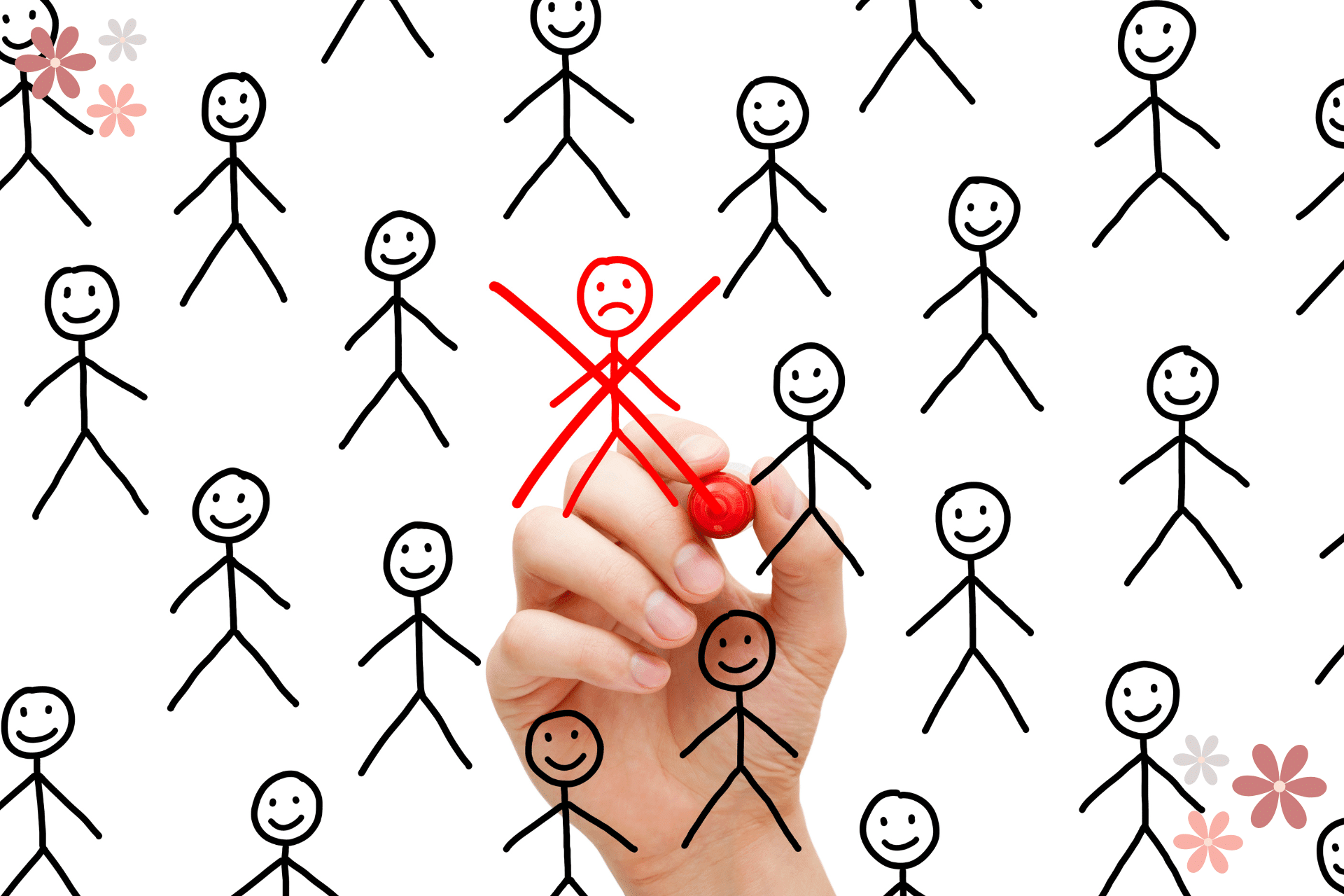 One stick figure being X'd out among many stick figures