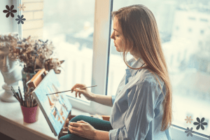 Woman calming painting next to a window