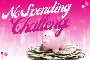 A pink piggy bank sitting on top of money with the words No Spending Challenge posted above