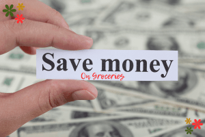 Fingertips holding a sign that says save money on groceries