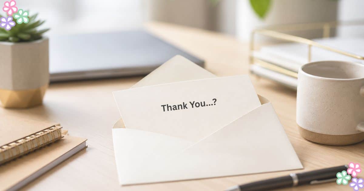 A note on a cluttered desk that reads "Thank you...?"