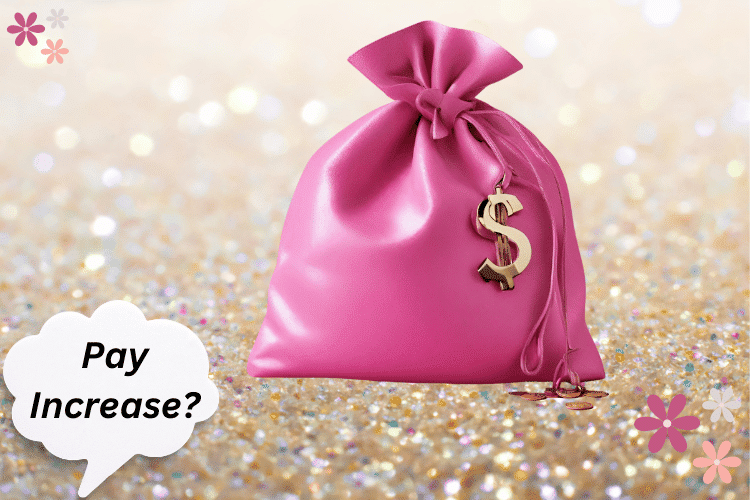 A pink money bag sitting on a sparkling background with the words "Pay Increase" in a thought bubble