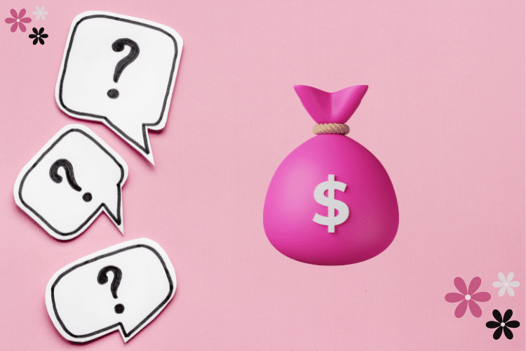 Question marks appearing next to a pink filled money bag