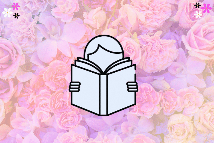 Reading a book in front of flower background