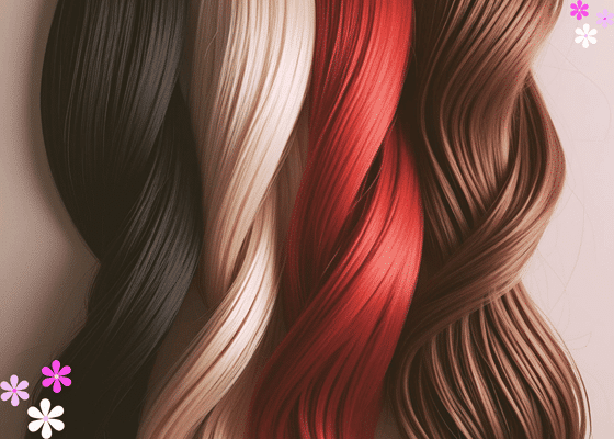Four ringlets of hair - black, blonde, red, and brown