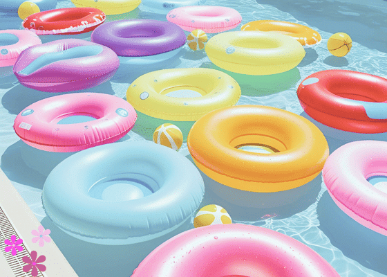 Pool with multiple pastel colored tube floats