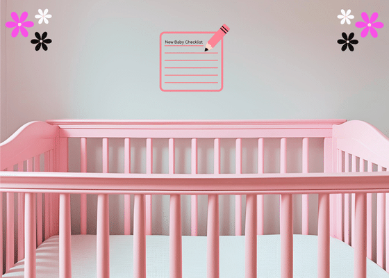 A pink baby crib with a checklist on the wall above