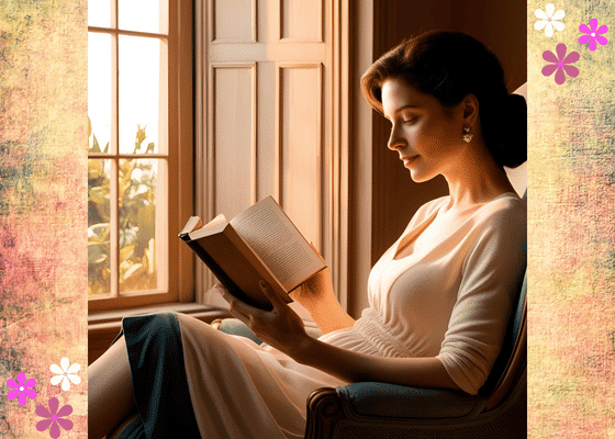 A woman in a white shirt sitting by a window reading a book