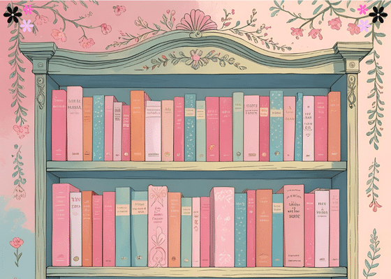 a bookshelf filled with pastel books