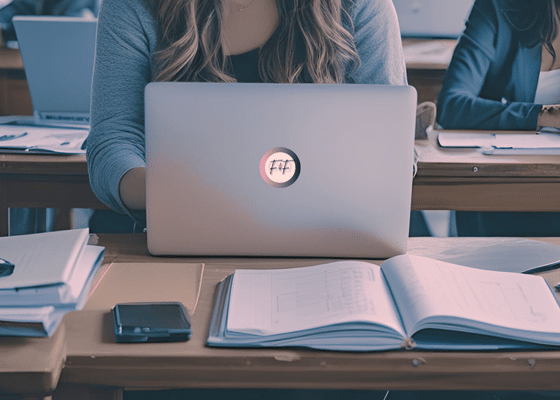 A woman on a laptop with books surrounding