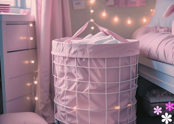 Pink hamper inside of a pink themed college dorm room