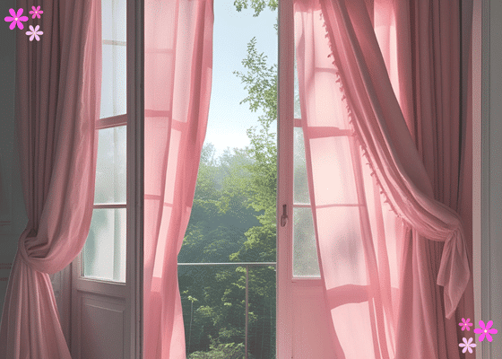 An open door with window panes leading to outside with pink curtains
