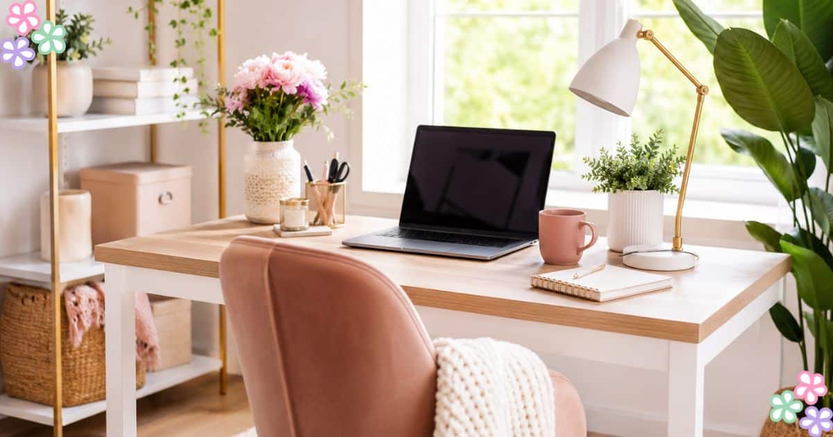 Bright home office with a laptop on a light wood desk, pink chair, plants, and a window in the background.
