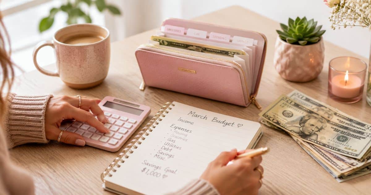 Woman budgeting at a cozy desk with cash, calculator, coffee, and pink budget planner while saving money for a $1,000 savings challenge.