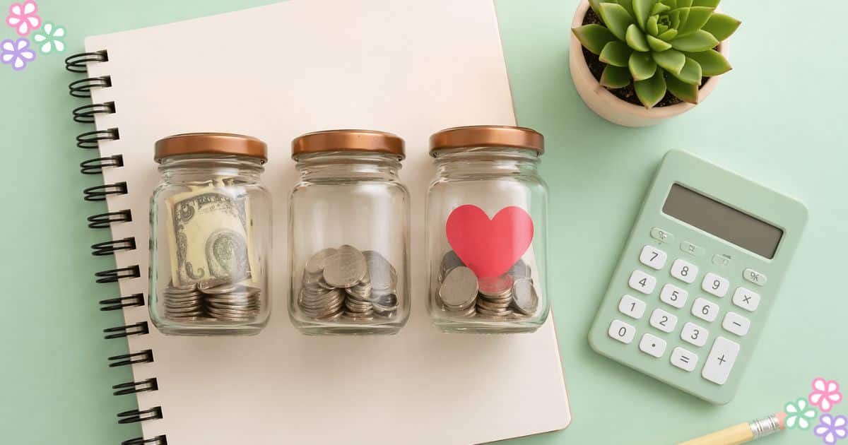 Three mason jars sitting on a desk - one with money, one with coins, and one with coins and a heart