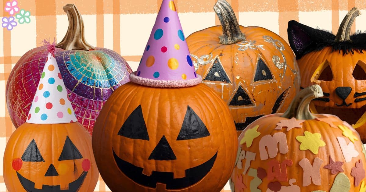Multiple decorated pumpkins on an orange background