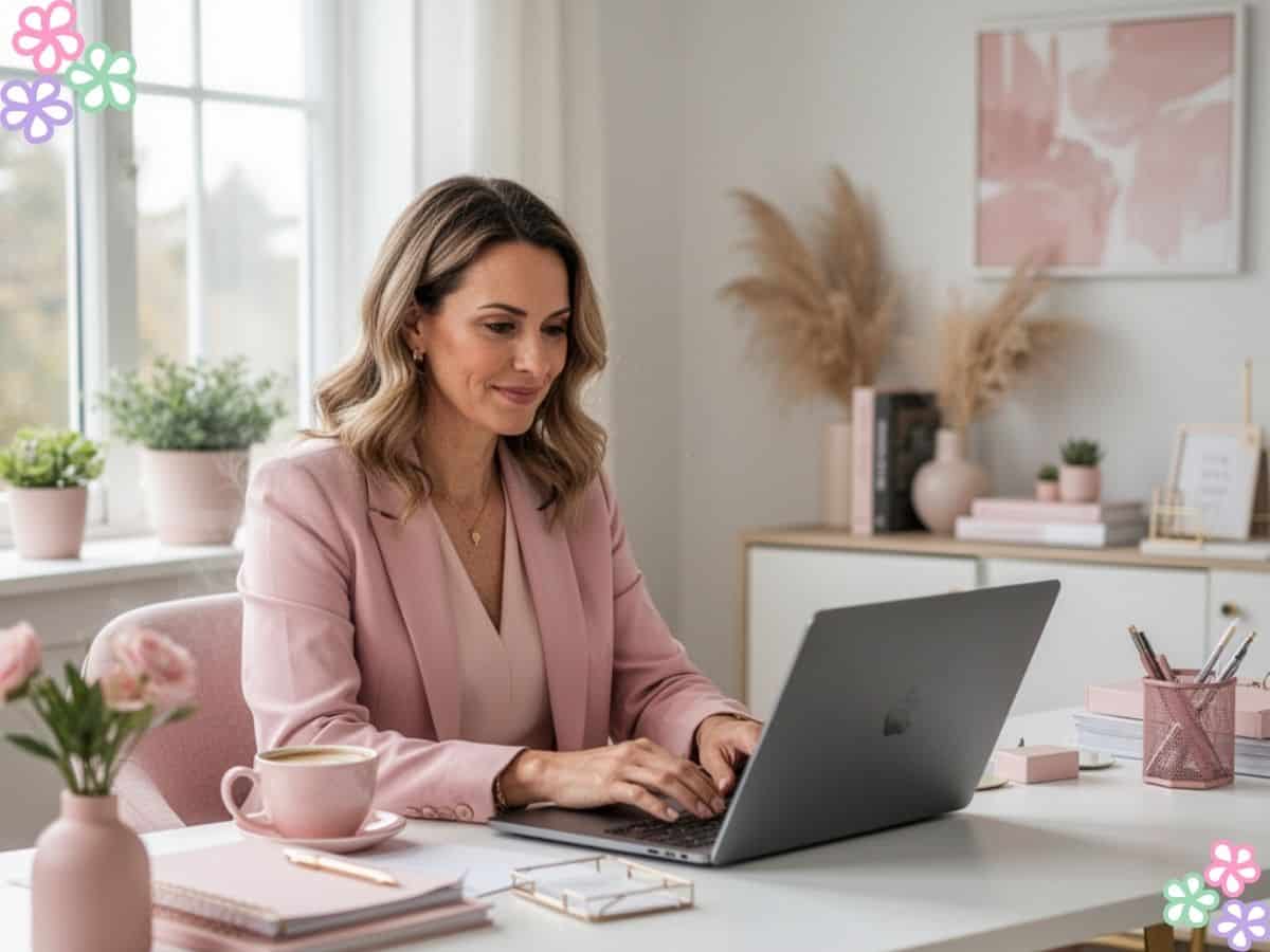 Woman working on laptop in a bright home office workspace