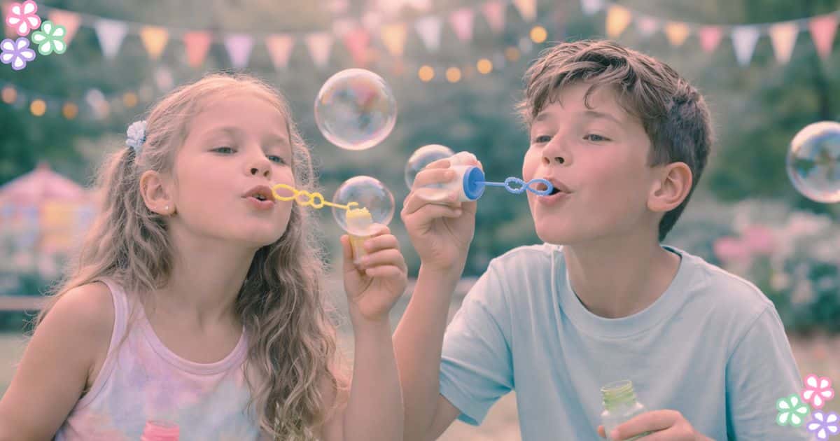 Two children blowing bubbles at summer camp