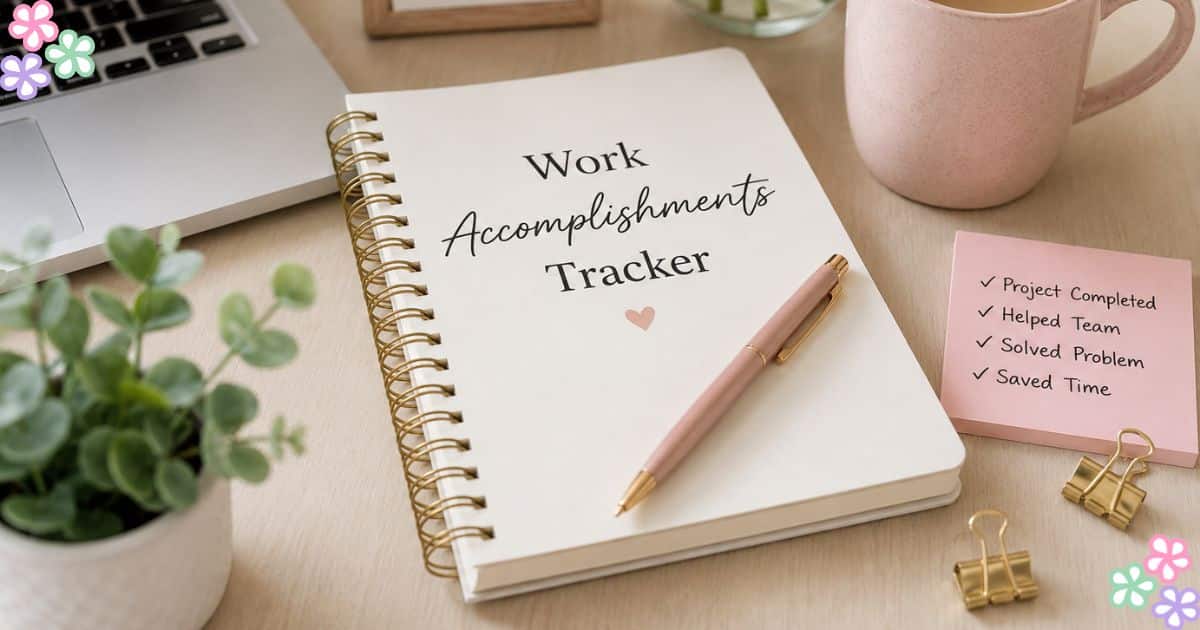A notepad on a desk that reads Work Accomplishments Tracker with a pink heart underneath