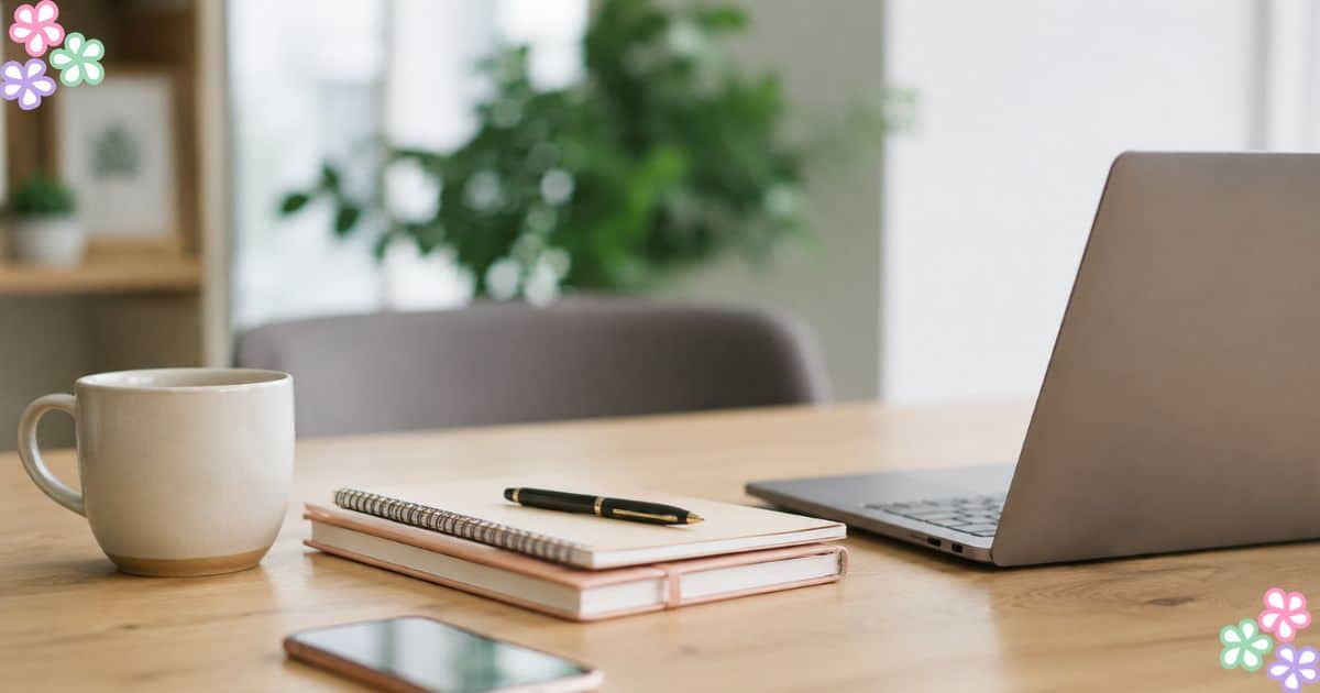 A desk with a laptop, coffee mug, and pen sitting on a notebook