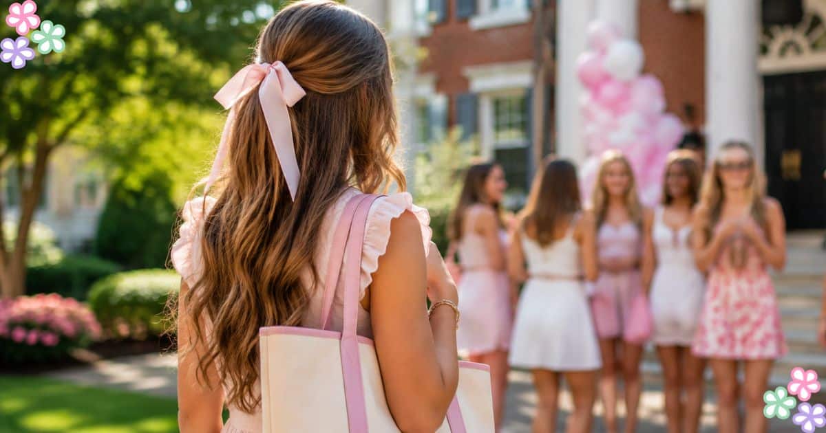 A girl in a pink dress with a pink ribbon in her hair standing in front of a sorority house in front of other girls